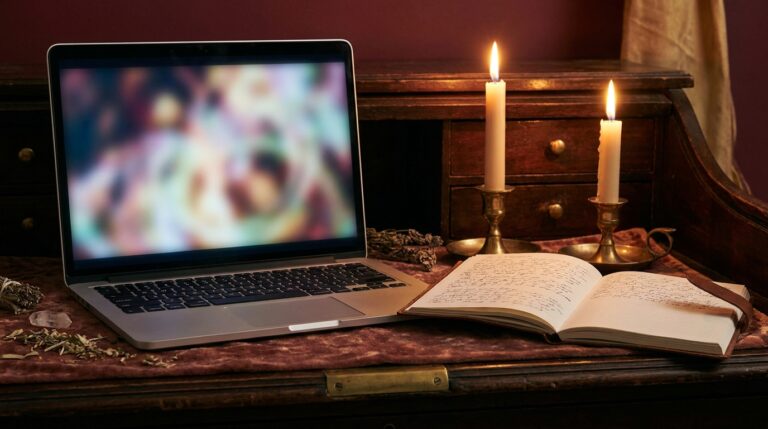 A laptop open to an online course beside candles and a notebook for studying witchcraft