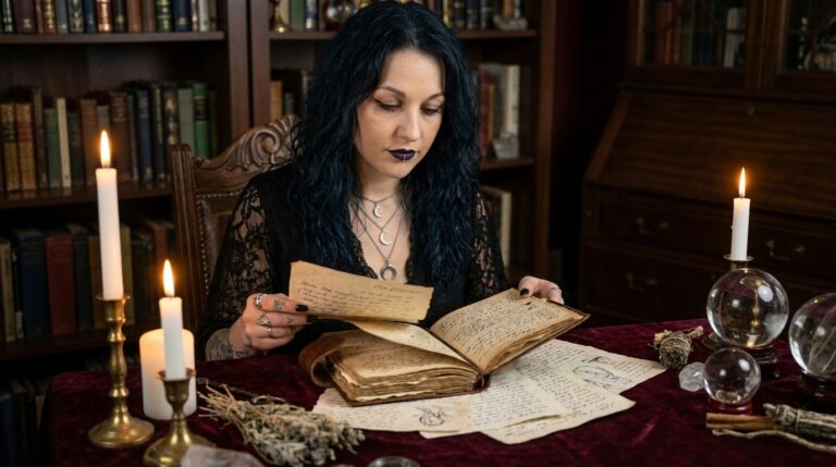 Madame Celestine reviewing a client's history of prior attempts, for someone who feels nothing has worked, before beginning a new custom ritual