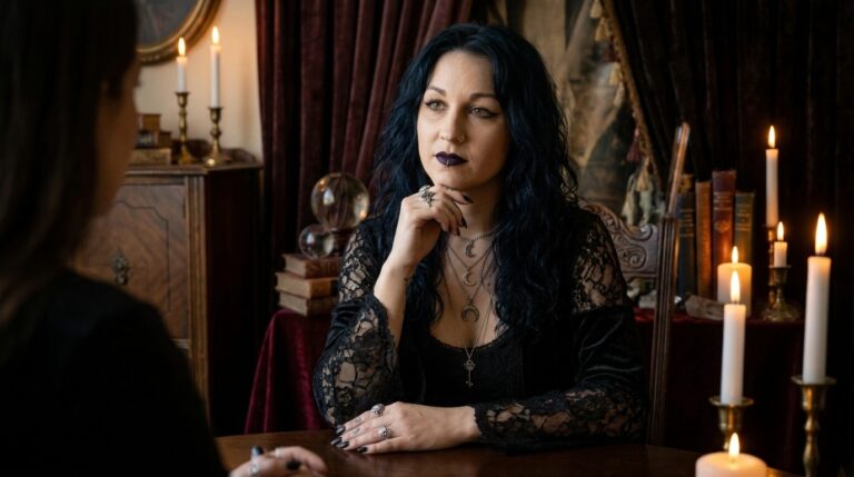 Madame Celestine listening closely during an intake consultation, asking a client to define exactly what success looks like