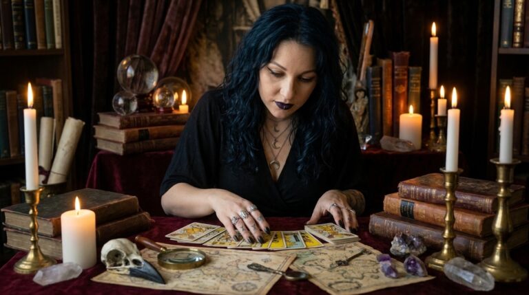 Madame Celestine reading tarot cards alongside old maps, a compass, and a skull, interpreting whether a specific relationship still has a path back together