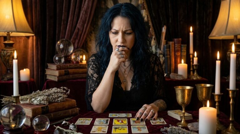 Madame Celestine helping a client weigh reconciliation or release by pointing out the honest signs behind each path