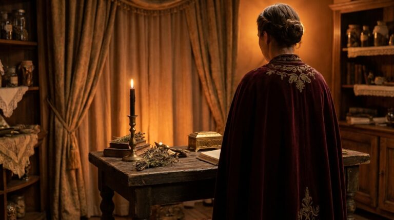 A cloaked figure standing before a candlelit wooden altar with a single lit candle, reclaiming their composure after rejection