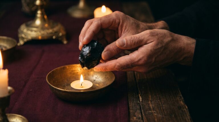 Hands holding a small black stone above a ritual flame, symbolizing the alchemical breakdown stage after a career setback