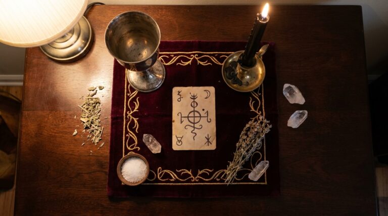 A collection of ritual tools including a chalice, candle, and sigil card arranged on an altar before consecration