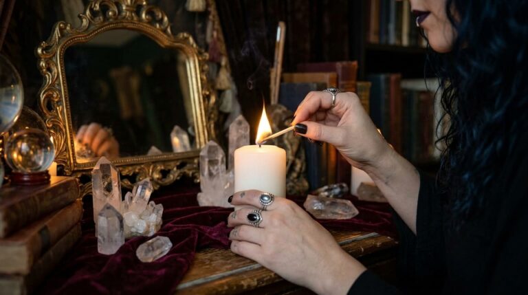Woman performing a truth spell ritual, lighting a white candle at an altar with a mirror and clear quartz