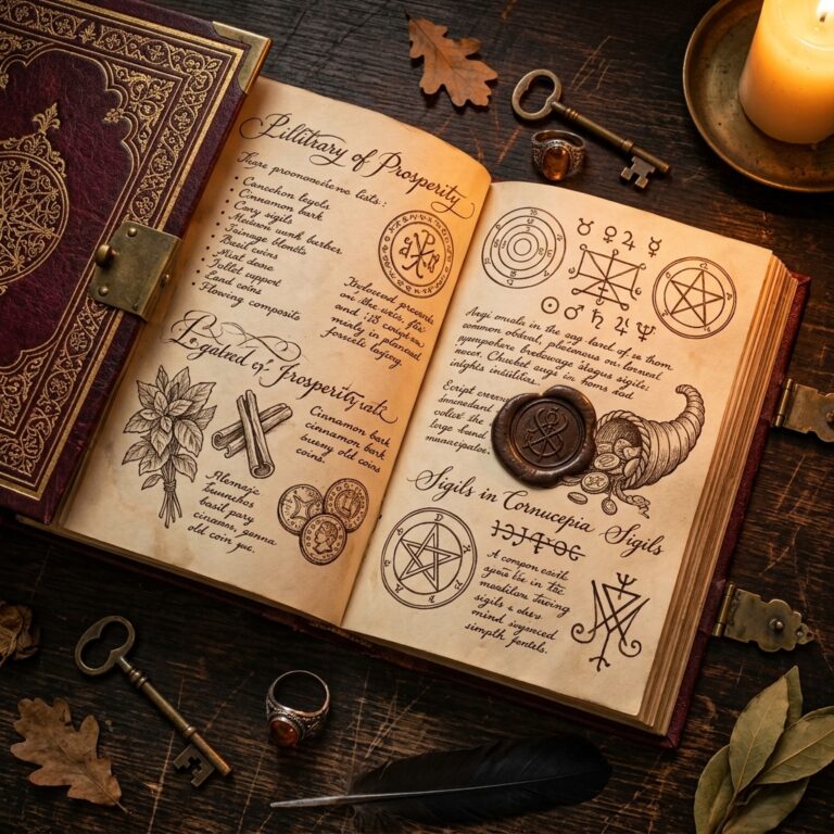 An open handwritten grimoire of prosperity correspondences and ritual notes on a wooden desk