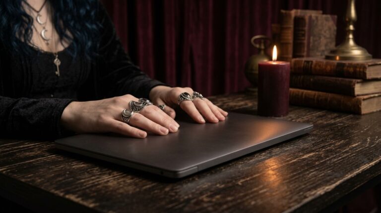 A person sitting with a closed laptop and a single candle, taking a deliberate pause from career frustration
