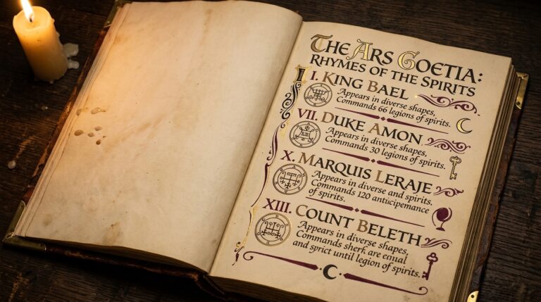 An open Ars Goetia grimoire page listing ranked spirit entries including King Bael, Duke Amon, Marquis Leraje, and Count Beleth