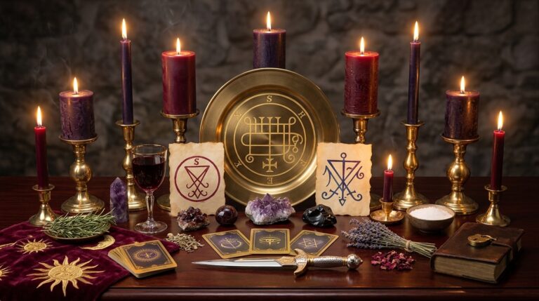 A formal ceremonial altar setup with multiple candles, sigils, and correspondences arranged for an ambition working