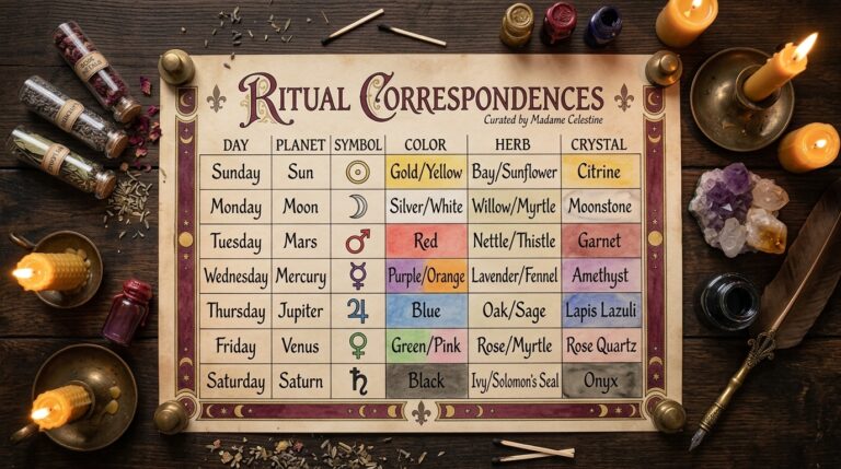 A ritual correspondences table listing each day of the week with its planet, symbol, color, herb, and crystal