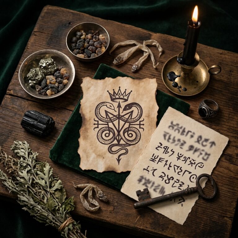 A devotional altar for infernal ambition work with a sigil, black candle, and a written intention card