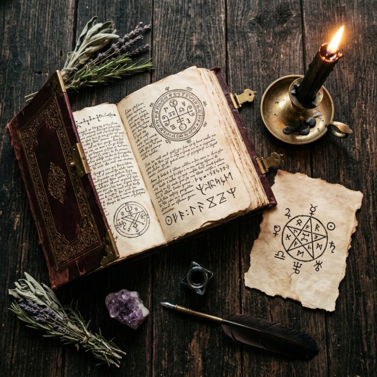 Open antique grimoire with sigil diagrams beside a black candle, a quill, and a pentagram drawn on torn parchment, recalling the history behind satanic money rituals