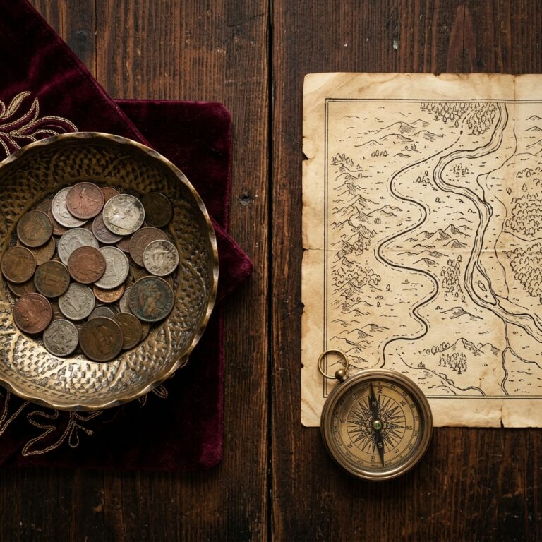 Brass bowl of old coins on burgundy velvet beside an antique map of winding roads and a compass, contrasting a prosperity working with a career working
