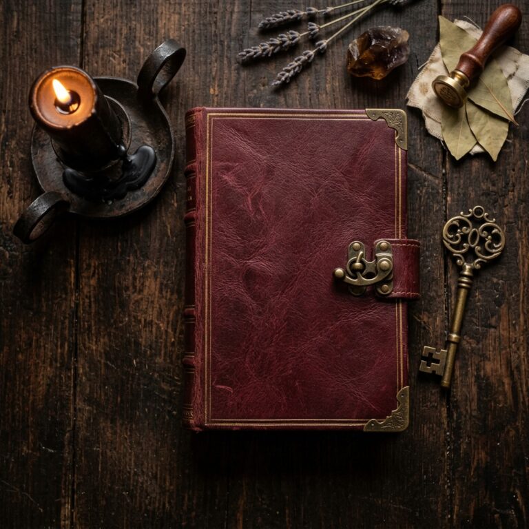 Closed burgundy leather journal with a brass clasp beside a black candle, an ornate key, and a wax seal, symbolizing the personal goal defined in a success ritual consultation