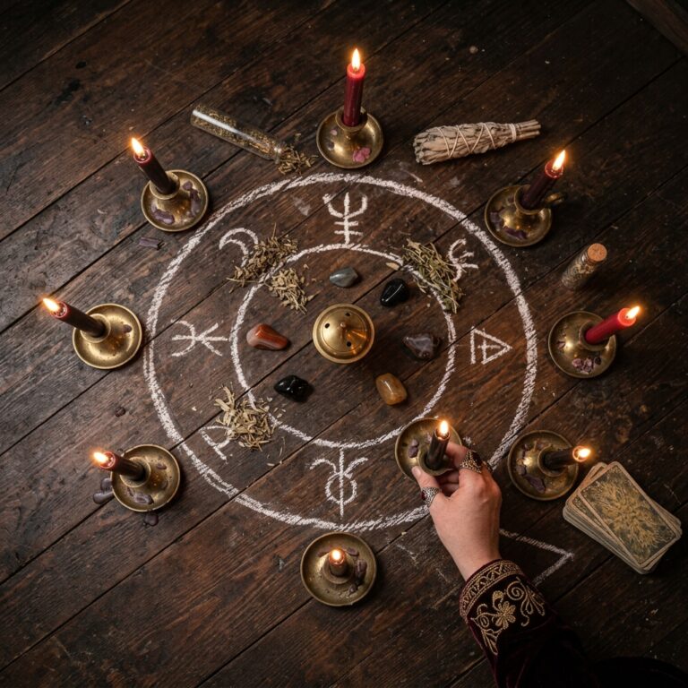 Double chalk circle marked with symbols on a dark wooden floor, ringed by red and black candles, with a faint chalk triangle drawn just outside it for a satanic protection ritual
