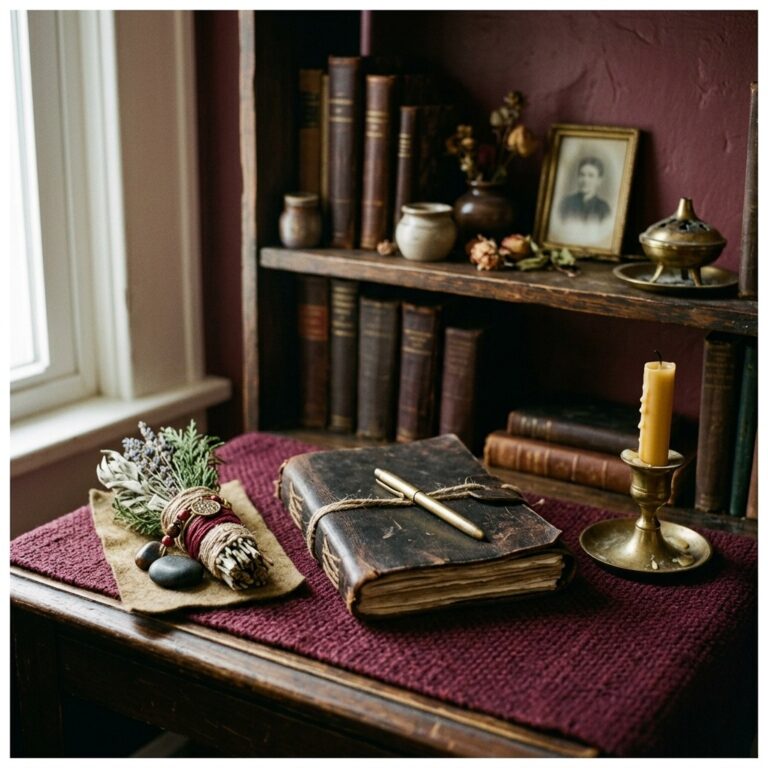 A quiet altar vignette with old books, a lit candle, a small bundle of herbs, and a framed portrait on a shelf, suggesting a personal space for reflection and warding