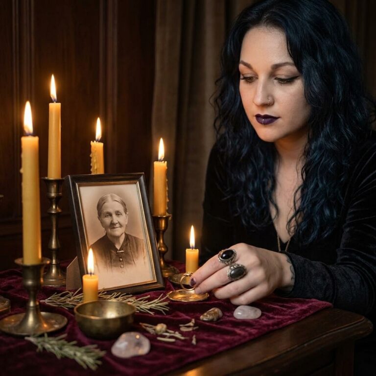 Madame Celestine setting a gold ring in a brass dish before a framed sepia portrait of an elderly woman, surrounded by beeswax candles, rosemary and crystals on burgundy velvet