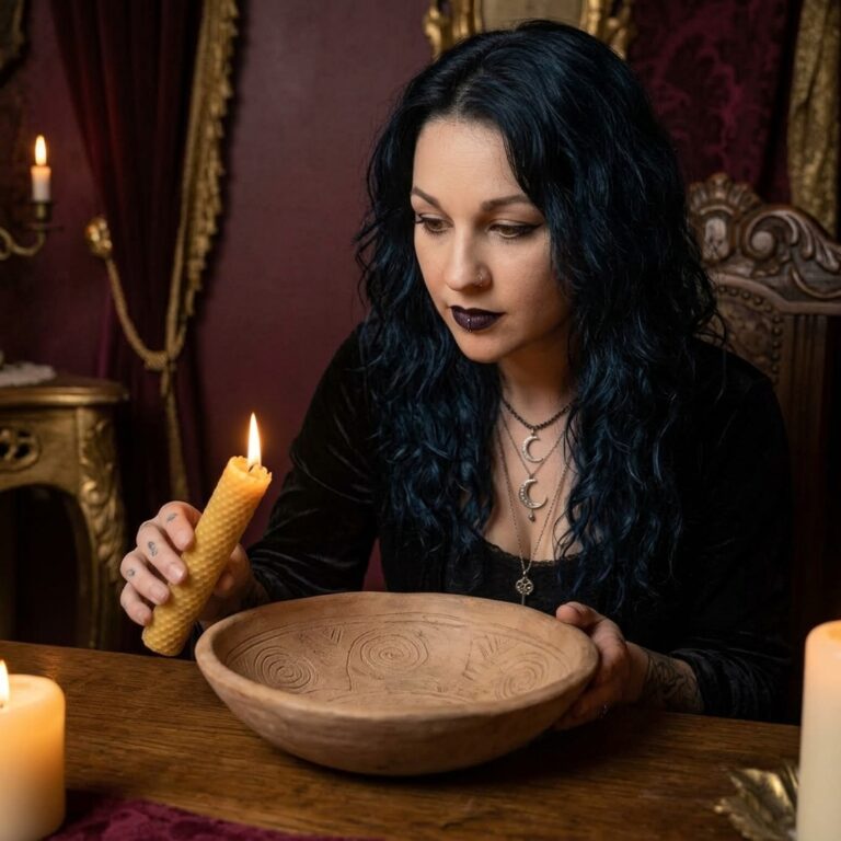 Madame Celestine holding a beeswax candle over a clay bowl carved with spirals, the kind of vessel once inscribed with spells against Lilith