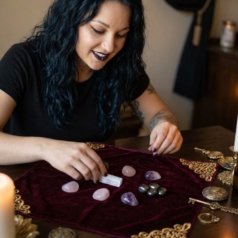 Madame Celestine sorting rose quartz, amethyst, hematite and a white selenite stick on a burgundy velvet cloth while choosing a worry stone