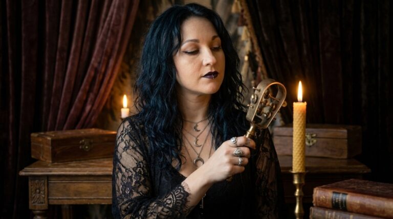 Madame Celestine holding up a bronze sistrum by candlelight, honoring Hathor among the gods of music