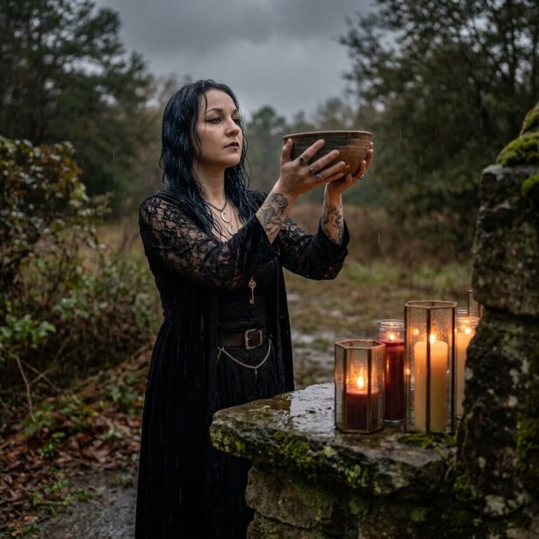 Madame Celestine holding a clay bowl of rainwater toward a grey sky beside a mossy stone altar lit by candles in glass lanterns