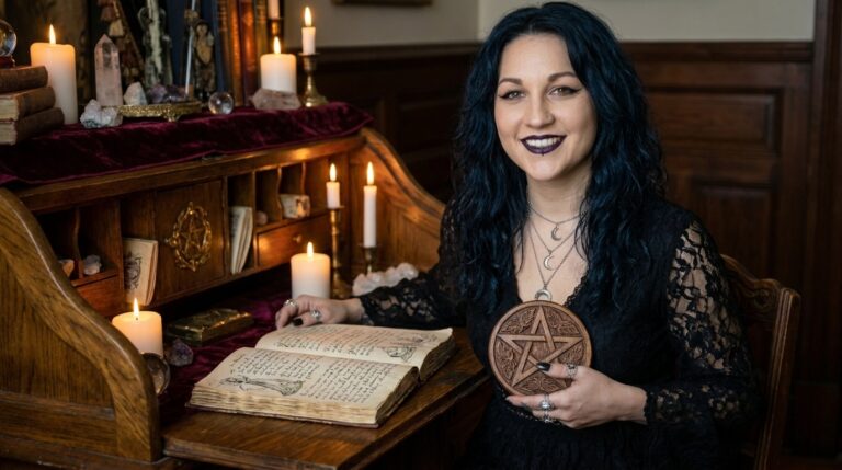 Madame Celestine at her candlelit writing desk, holding a carved wooden pentacle disc beside an open handwritten grimoire