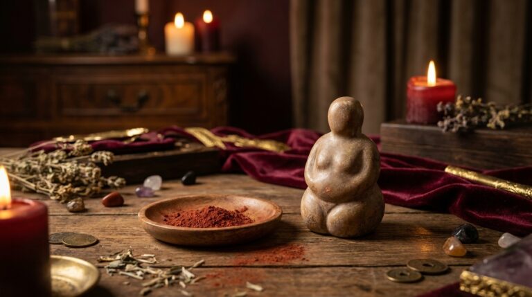 A small rounded stone goddess figurine beside a wooden dish of red ochre pigment, with crystals, dried herbs and candles on a rustic table