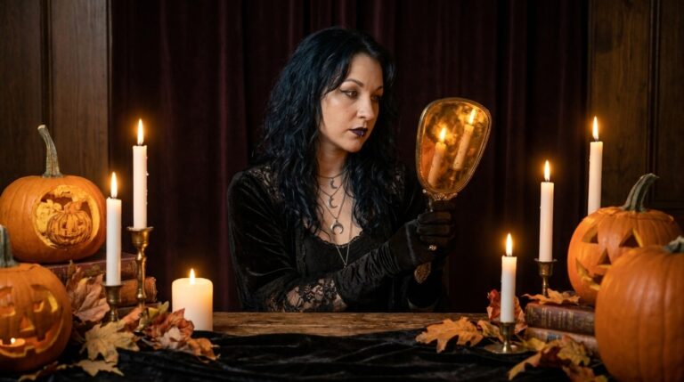 Madame Celestine gazing into a gilded hand mirror that reflects candle flames, surrounded by carved pumpkins and autumn leaves, recalling Halloween mirror scrying