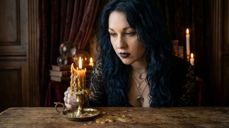 Madame Celestine studying a dripping beeswax candle in a brass holder and the pools of wax spilled across the wooden table