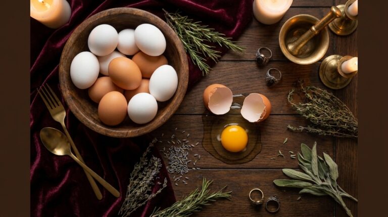 Flat-lay of a wooden bowl of white and brown eggs beside a cracked egg showing its shell and golden yolk, with rosemary, sage, lavender and a brass mortar