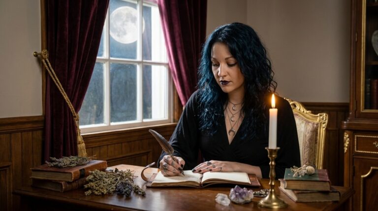Madame Celestine writing with a quill in a leather journal at a desk by a window, the full moon shining outside and a candle burning beside her