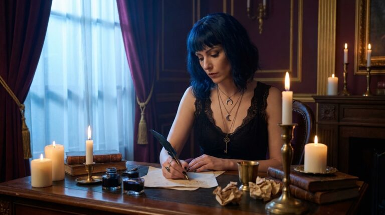 A woman writing with a quill by candlelight at a desk near a curtained window, setting down her plan for feeling stuck financially