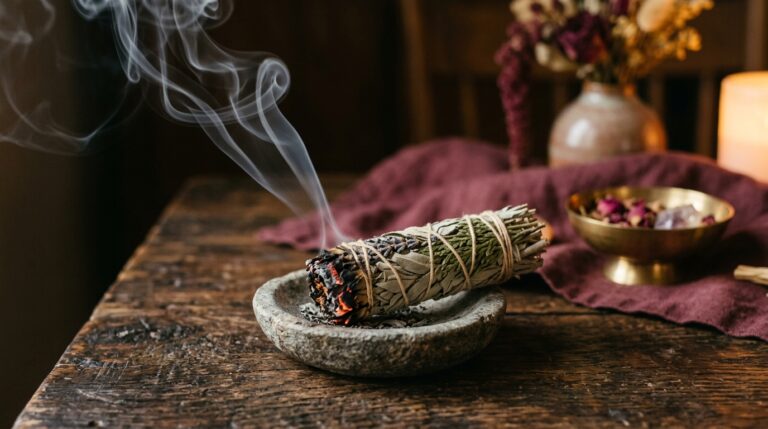 A hand holding a lit smoke cleansing bundle over a stone dish with smoke rising