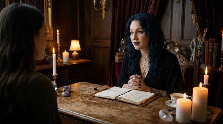 Madame Celestine listening attentively across a candlelit table with an open notebook, answering a client's questions during a consultation