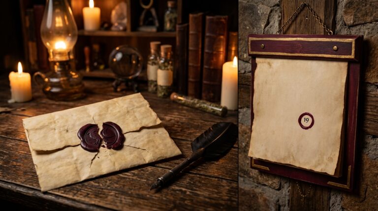 Parchment letter with a broken burgundy wax seal beside a quill, next to a hanging calendar page with the 19th circled as the review date