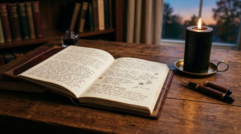 Open handwritten journal beside a black pillar candle and two fountain pens on a wooden desk at dusk, a quiet setting for reflecting on ambition