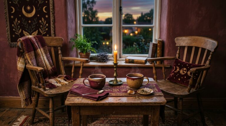 Two cups of tea on a small table between two wooden chairs by a window at dusk, a calm setting for the talk that follows a desire ritual