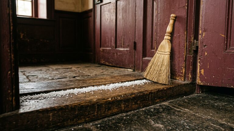 Line of coarse salt along a worn wooden doorway threshold, a straw whisk broom leaning on the door, the salt step of a house cleansing