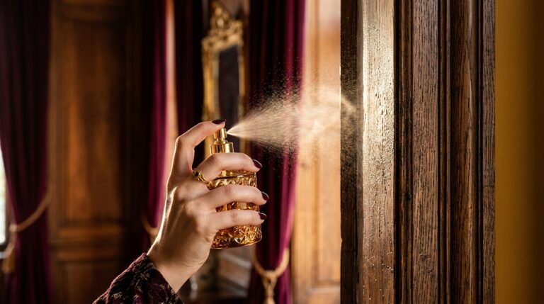 Hand misting a carved wooden doorframe from a gold cut-glass bottle, filling the space with scent after a cleansing ritual