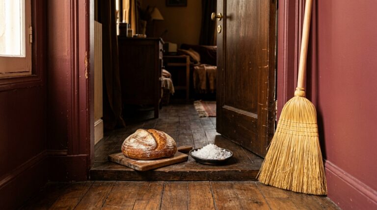 Round loaf of bread on a wooden board, a dish of coarse salt and a new straw broom at an apartment threshold on moving day