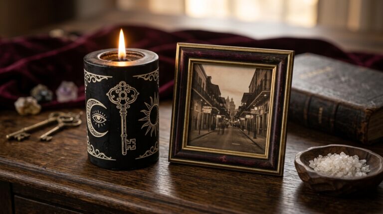 A black and white candle burning beside a photograph and a small dish of salt