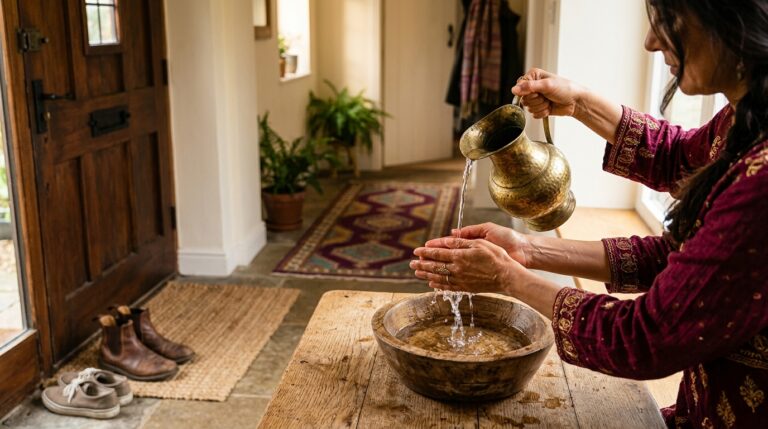 Woman pouring water from a brass pitcher over her hands into a wooden bowl in the entryway, her shoes left by the front door