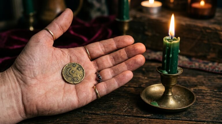 Open palm holding a brass coin engraved with a moon and stars beside a burning green candle during a Thursday luck ritual
