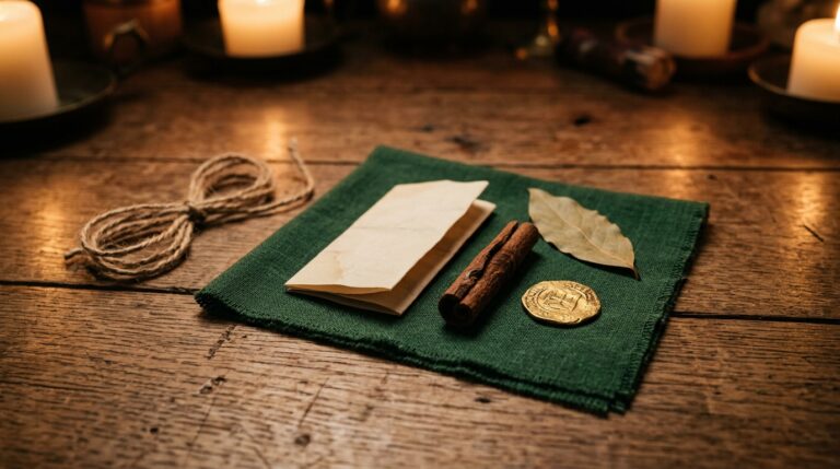 Folded paper wish, a cinnamon stick, a bay leaf and a gold coin laid out on a square of green cloth, with twine ready to tie it closed