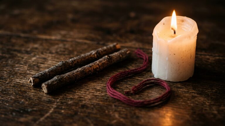 Two untied twigs laid side by side beside a burning white candle and a loose red thread, marking the end of a rough patch