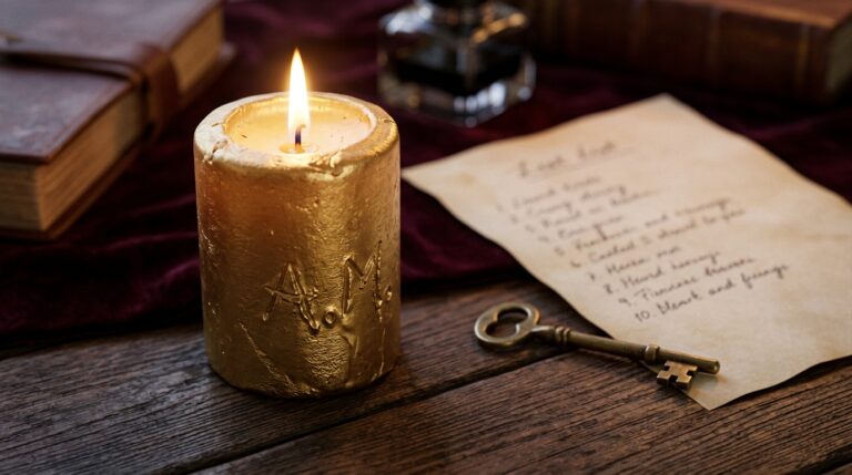 Gold candle carved with initials burning beside a numbered handwritten list and an old brass key on a wooden desk