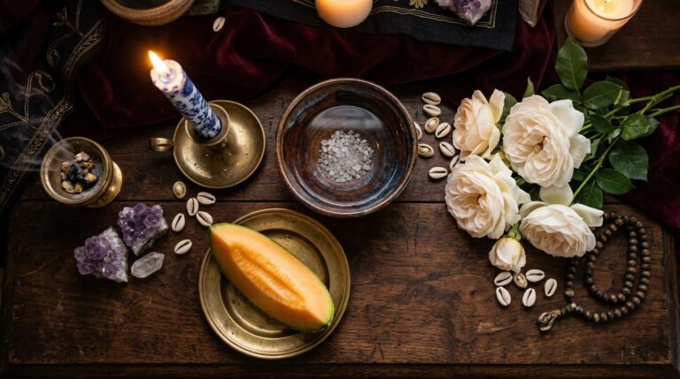 Home altar for a Yemaya prayer with a blue-and-white candle in a brass holder, a bowl of sea salt, a slice of melon, white roses and cowrie shells