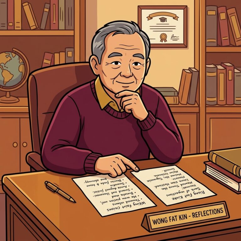 Cartoon illustration of Wong Fat Kin at a wooden desk, hand on chin, pointing to one of two handwritten pages as he compares them side by side