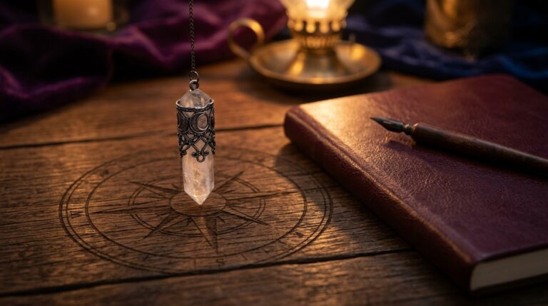 A pendulum crystal suspended over a wooden table beside a notebook and pen