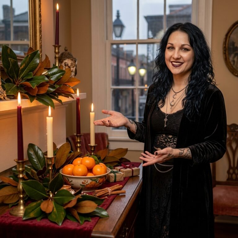 Madame Celestine gestures beside a New Orleans Yule altar of magnolia leaves, satsumas and taper candles, showing how seasonal symbols adapt to local climate